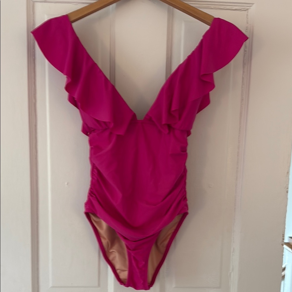 J Crew Hot Pink Ruffled One Piece Swimsuit GUC Size 6